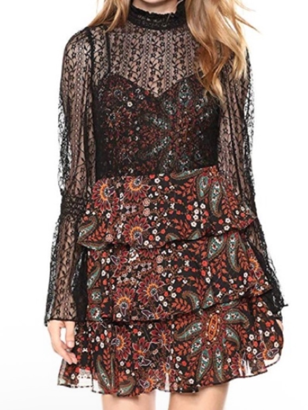 BCBGeneration Mixed Media Tiered Ruffle Dress in Black Multi